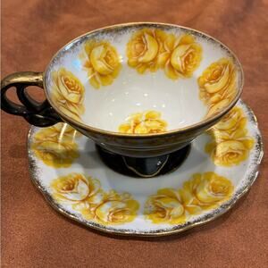 Vintage Japanese Black and Yellow Floral Teacup and Saucer Set